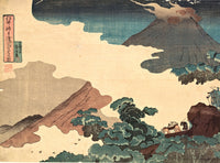 Mount Asama from the Usui Pass by Utagawa Kuniyoshi: a grey volcano trailing smoke above cream clouds, a red slope, pines
