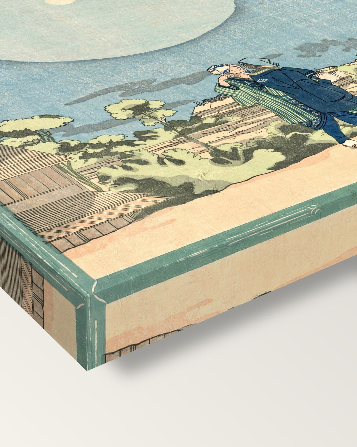 New Yoshiwara by Utagawa Kuniyoshi on stretched canvas, corner close-up: the painting mirror-wrapped round the sides