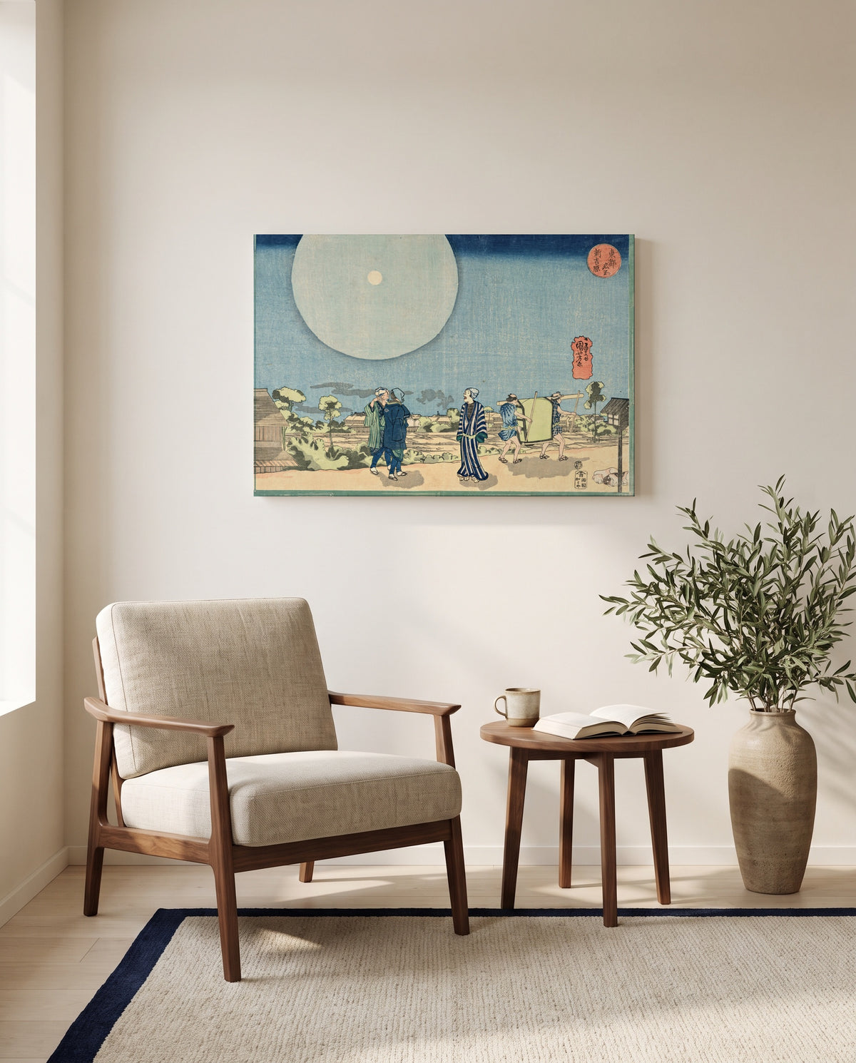 New Yoshiwara by Utagawa Kuniyoshi as a stretched canvas above a linen lounge chair in a reading corner