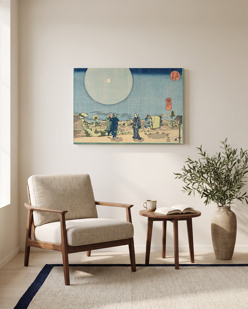 New Yoshiwara by Utagawa Kuniyoshi as a stretched canvas above a linen lounge chair in a reading corner