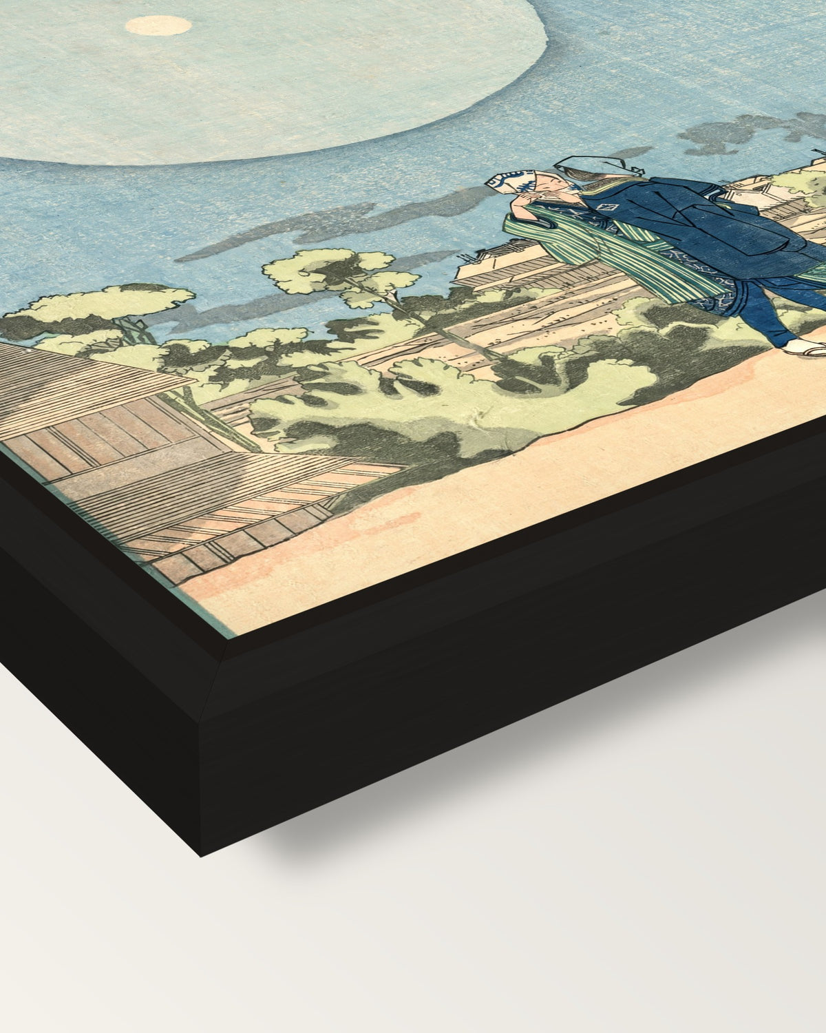 New Yoshiwara by Utagawa Kuniyoshi framed canvas, corner close-up: a black floating frame with a shadow gap round the canvas