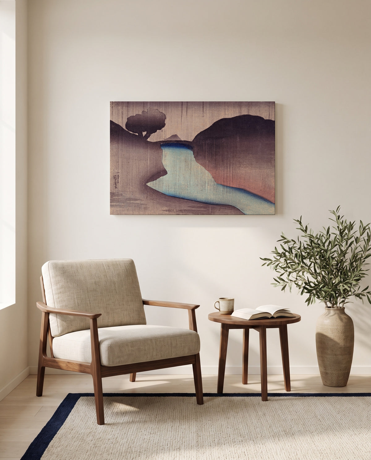 Ochanomizu in the Rain by Utagawa Kuniyoshi as a stretched canvas above a linen lounge chair in a reading corner