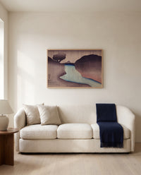 Ochanomizu in the Rain by Utagawa Kuniyoshi framed in natural oak above a cream sofa in a warm living room