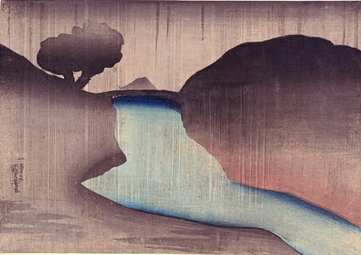 Ochanomizu in the Rain by Utagawa Kuniyoshi: a blue river between dark pink banks under fine falling rain