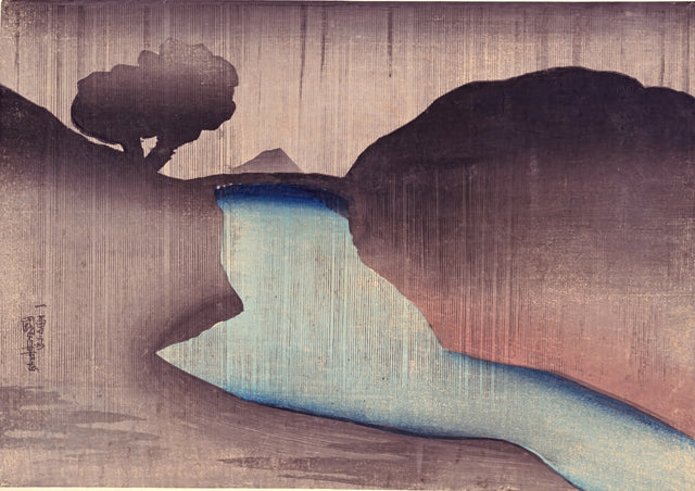 Ochanomizu in the Rain by Utagawa Kuniyoshi: a blue river between dark pink banks under fine falling rain