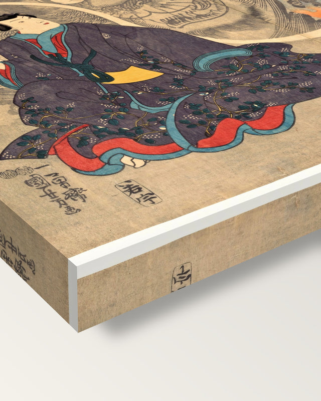 The Okazaki Cat Demon by Utagawa Kuniyoshi on stretched canvas, corner close-up: the painting mirror-wrapped round the sides
