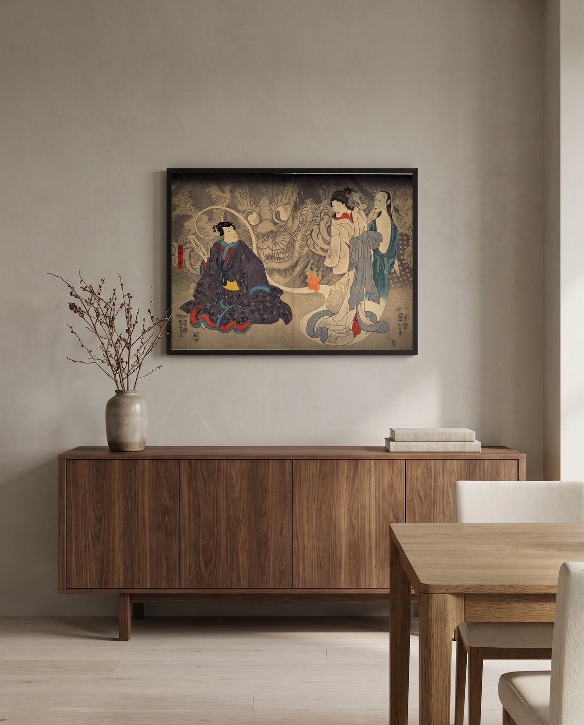 The Okazaki Cat Demon by Utagawa Kuniyoshi in a black frame above a walnut sideboard in a dining room