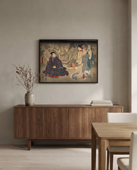 The Okazaki Cat Demon by Utagawa Kuniyoshi in a black frame above a walnut sideboard in a dining room