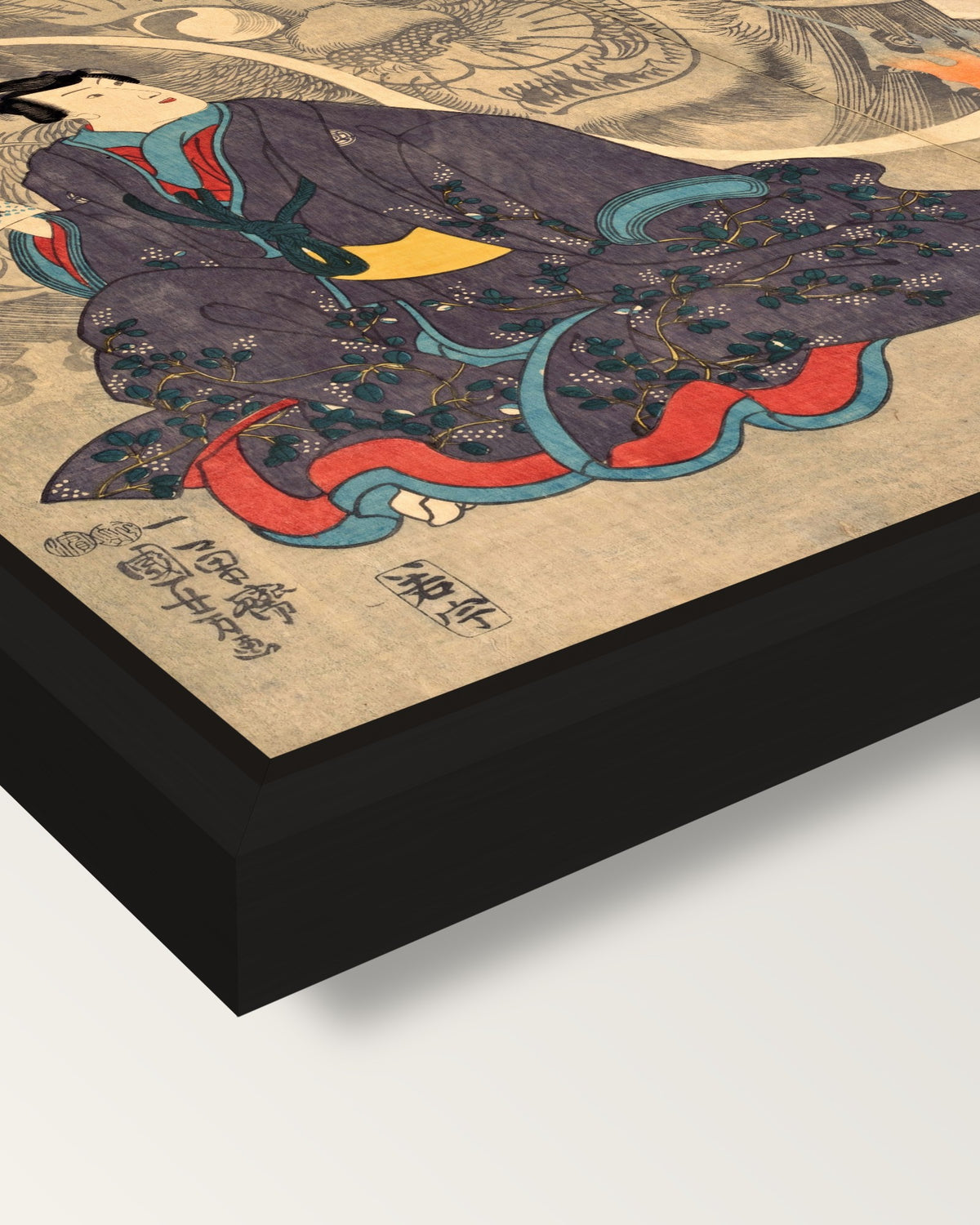 The Okazaki Cat Demon by Kuniyoshi framed canvas, corner close-up: a black floating frame with a shadow gap round the canvas