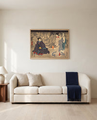The Okazaki Cat Demon by Utagawa Kuniyoshi framed in natural oak above a cream sofa in a warm living room