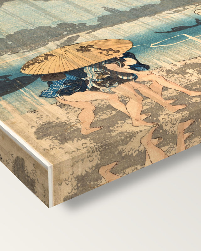 Onmayagashi in Edo by Utagawa Kuniyoshi on stretched canvas, corner close-up: the painting mirror-wrapped round the sides