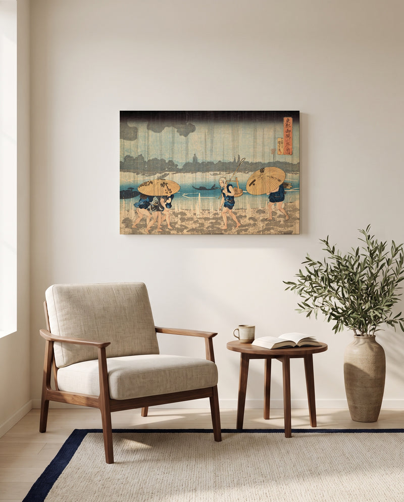 Onmayagashi in Edo by Utagawa Kuniyoshi as a stretched canvas above a linen lounge chair in a reading corner