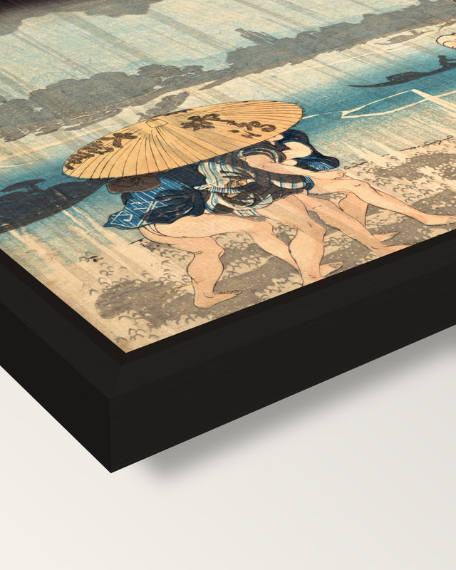 Onmayagashi in Edo by Kuniyoshi framed canvas, corner close-up: a black floating frame with a shadow gap round the canvas