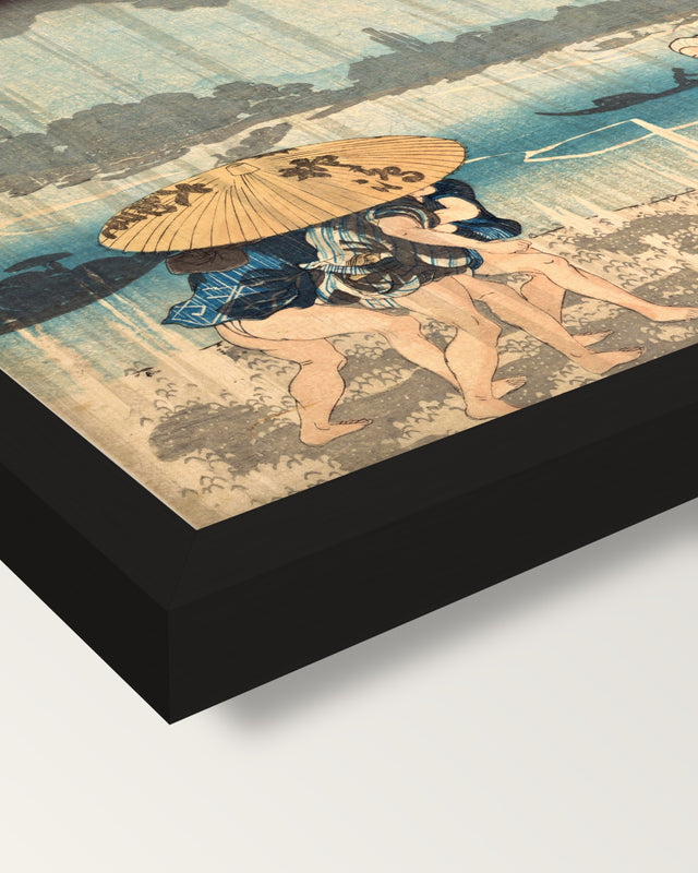 Onmayagashi in Edo by Kuniyoshi framed print, corner close-up: black moulding, mitred, the print set just below its edge
