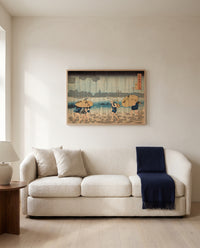 Onmayagashi in Edo by Utagawa Kuniyoshi framed in natural oak above a cream sofa in a warm living room