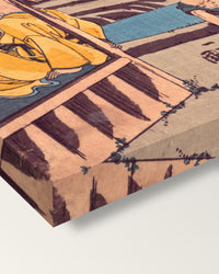 The Poet’s Cabin by Utagawa Kuniyoshi on stretched canvas, corner close-up: the painting mirror-wrapped round the sides