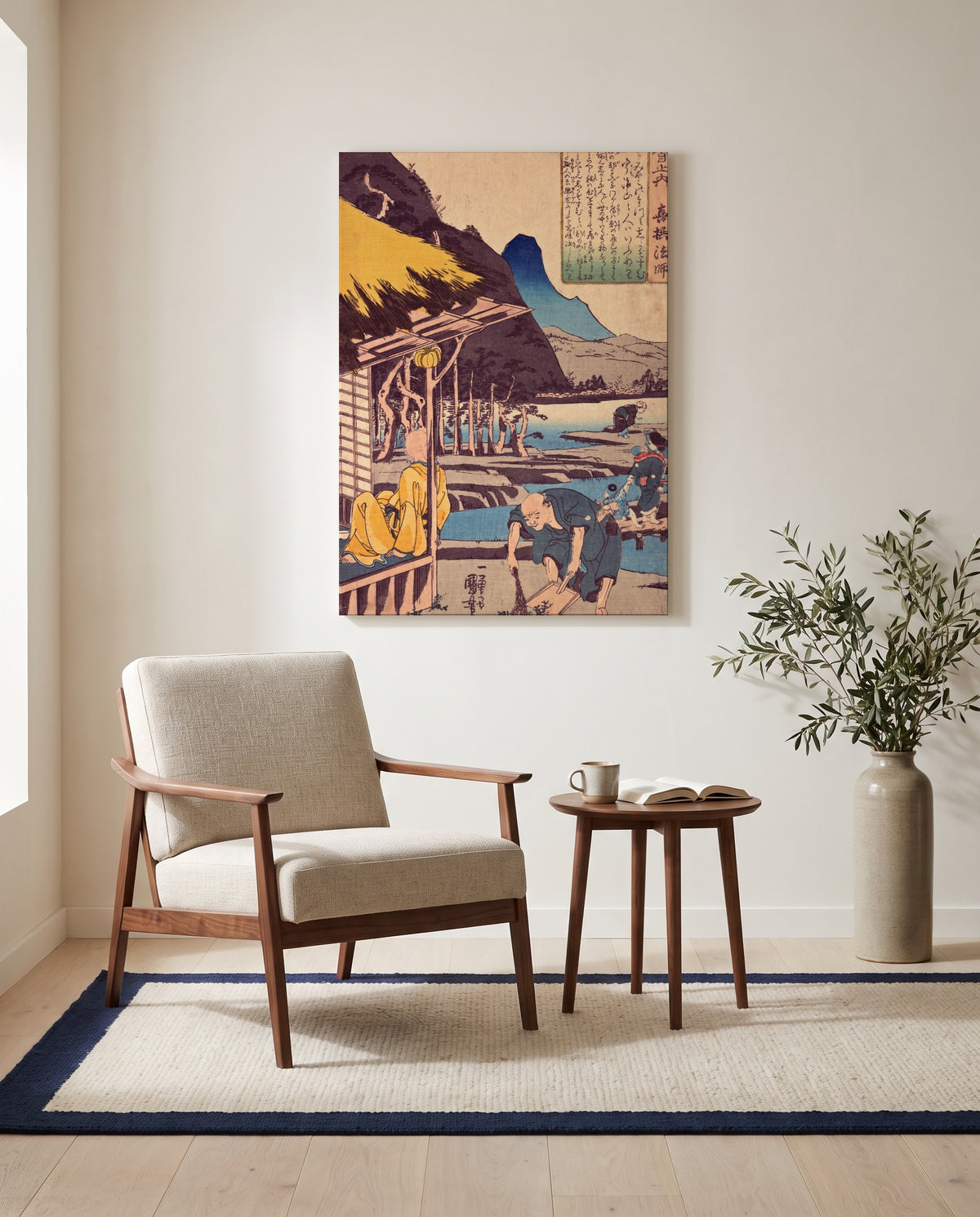 The Poet’s Cabin by Utagawa Kuniyoshi as a stretched canvas above a linen lounge chair in a reading corner