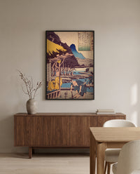 The Poet’s Cabin by Utagawa Kuniyoshi in a black frame above a walnut sideboard in a dining room