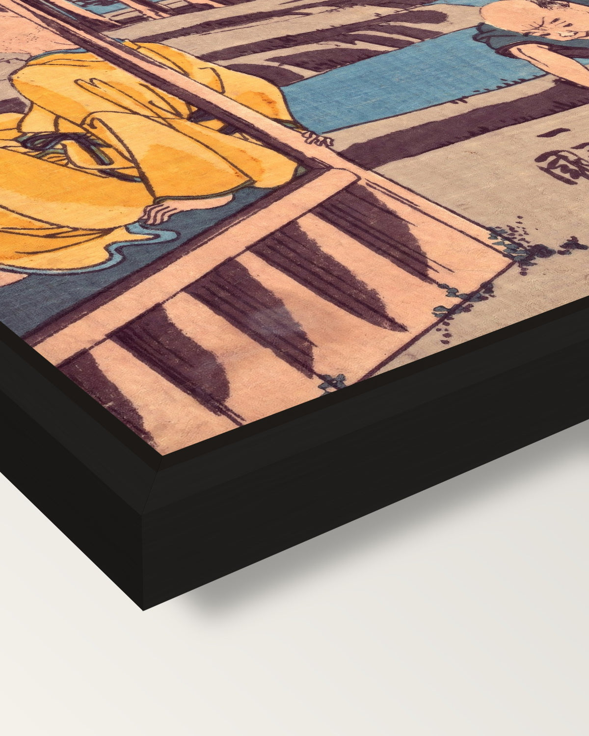 The Poet’s Cabin by Kuniyoshi framed canvas, corner close-up: a black floating frame with a shadow gap round the canvas