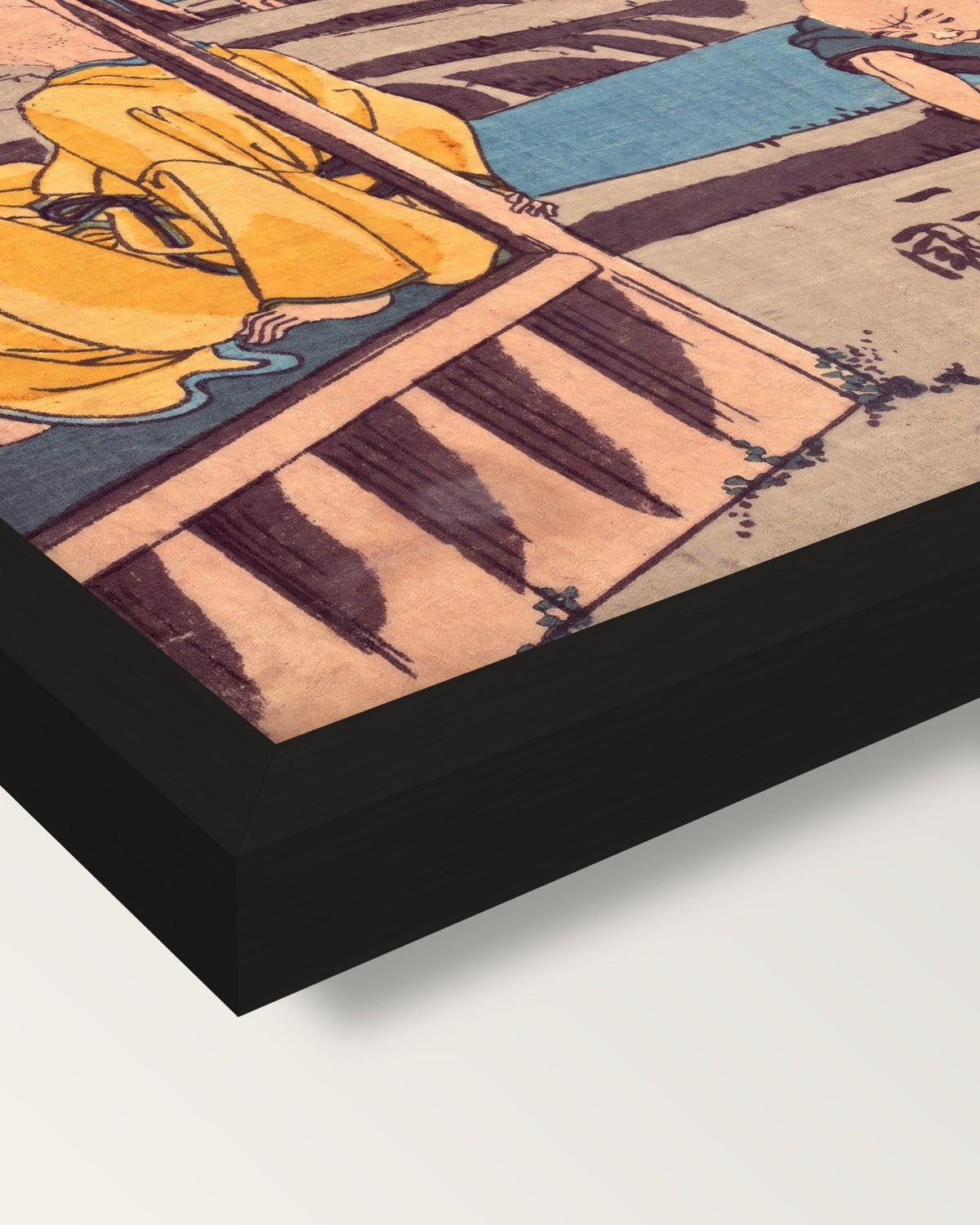 The Poet’s Cabin by Kuniyoshi framed print, corner close-up: black moulding, mitred, the print set just below its edge