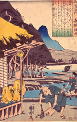 The Poet’s Cabin by Utagawa Kuniyoshi: a thatched cabin over a valley, a blue mountain and a poem panel in the sky