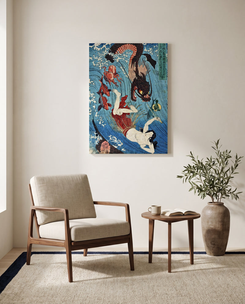 Tamatori and the Dragon King by Utagawa Kuniyoshi as a stretched canvas above a linen lounge chair in a reading corner