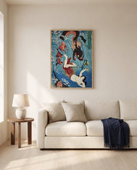 Tamatori and the Dragon King by Utagawa Kuniyoshi framed in natural oak above a cream sofa in a warm living room