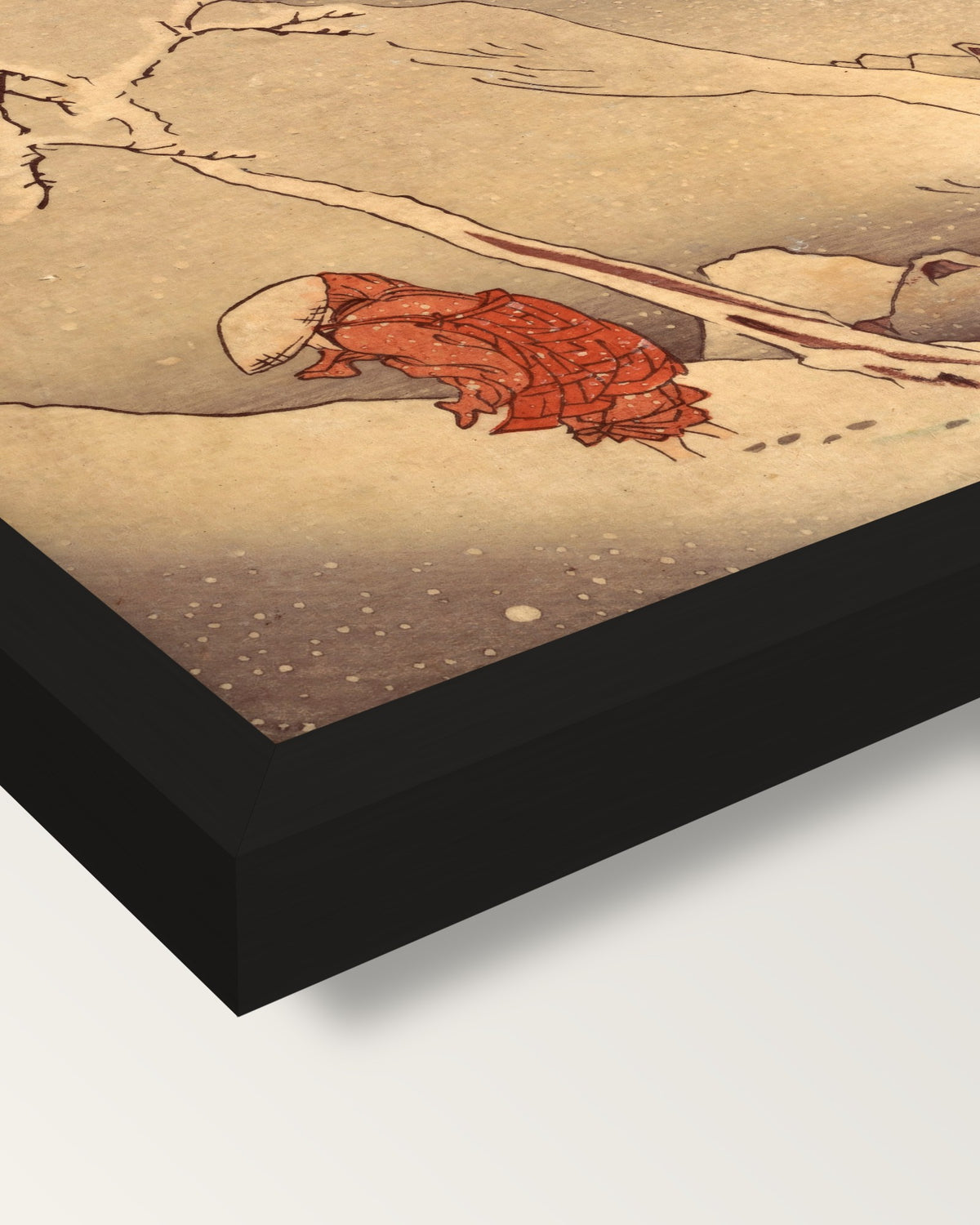 Travelling in a Snowstorm framed print, corner close-up: black moulding, mitred, the print set just below its edge