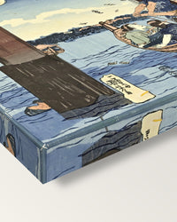 Tsukuda Island by Utagawa Kuniyoshi on stretched canvas, corner close-up: the painting mirror-wrapped round the sides