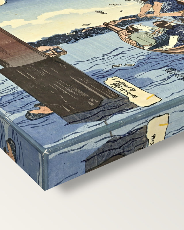 Tsukuda Island by Utagawa Kuniyoshi on stretched canvas, corner close-up: the painting mirror-wrapped round the sides