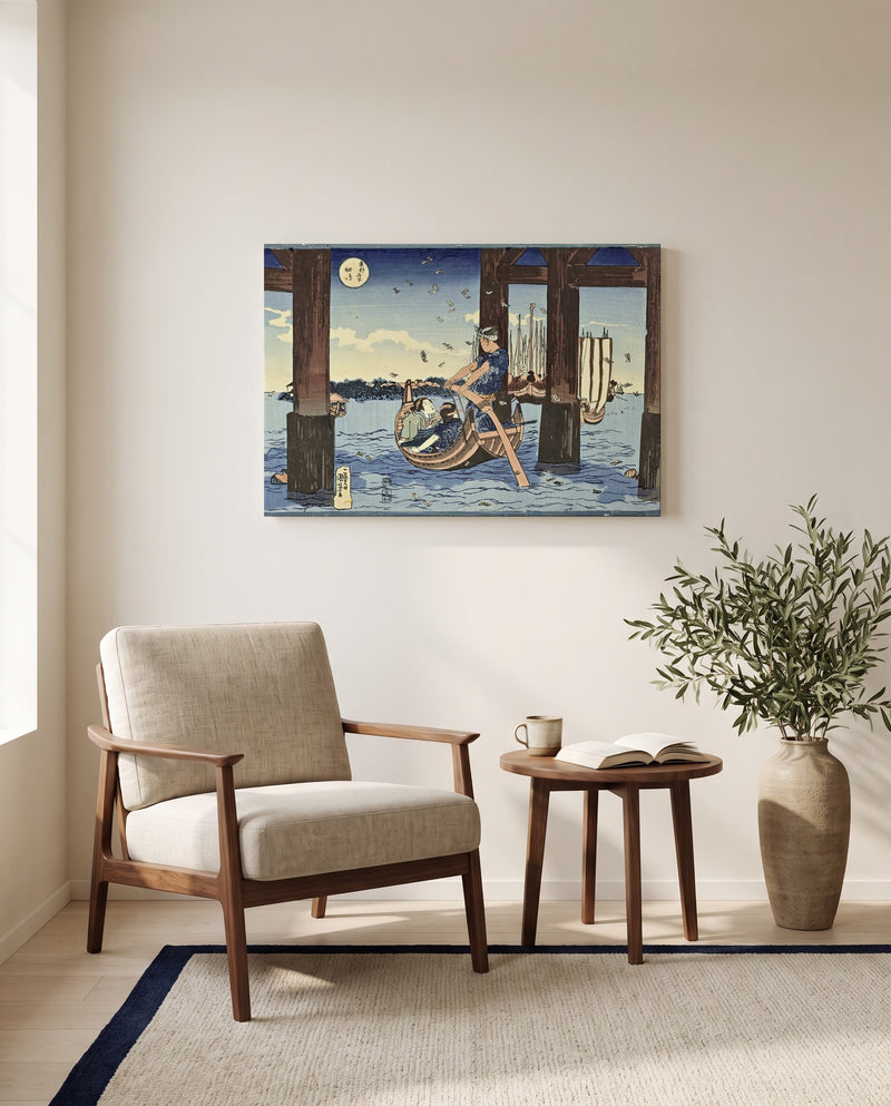 Tsukuda Island by Utagawa Kuniyoshi as a stretched canvas above a linen lounge chair in a reading corner