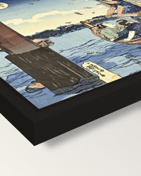 Tsukuda Island by Utagawa Kuniyoshi framed canvas, corner close-up: a black floating frame with a shadow gap round the canvas
