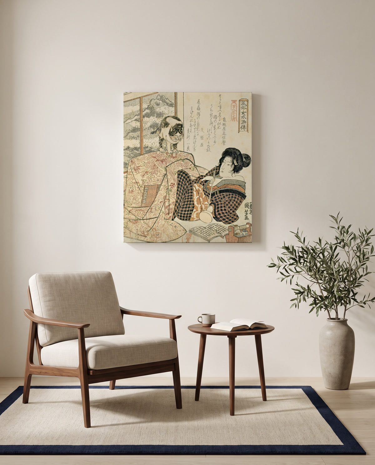 Woman with a Cat by Utagawa Kuniyoshi as a stretched canvas above a linen lounge chair in a reading corner