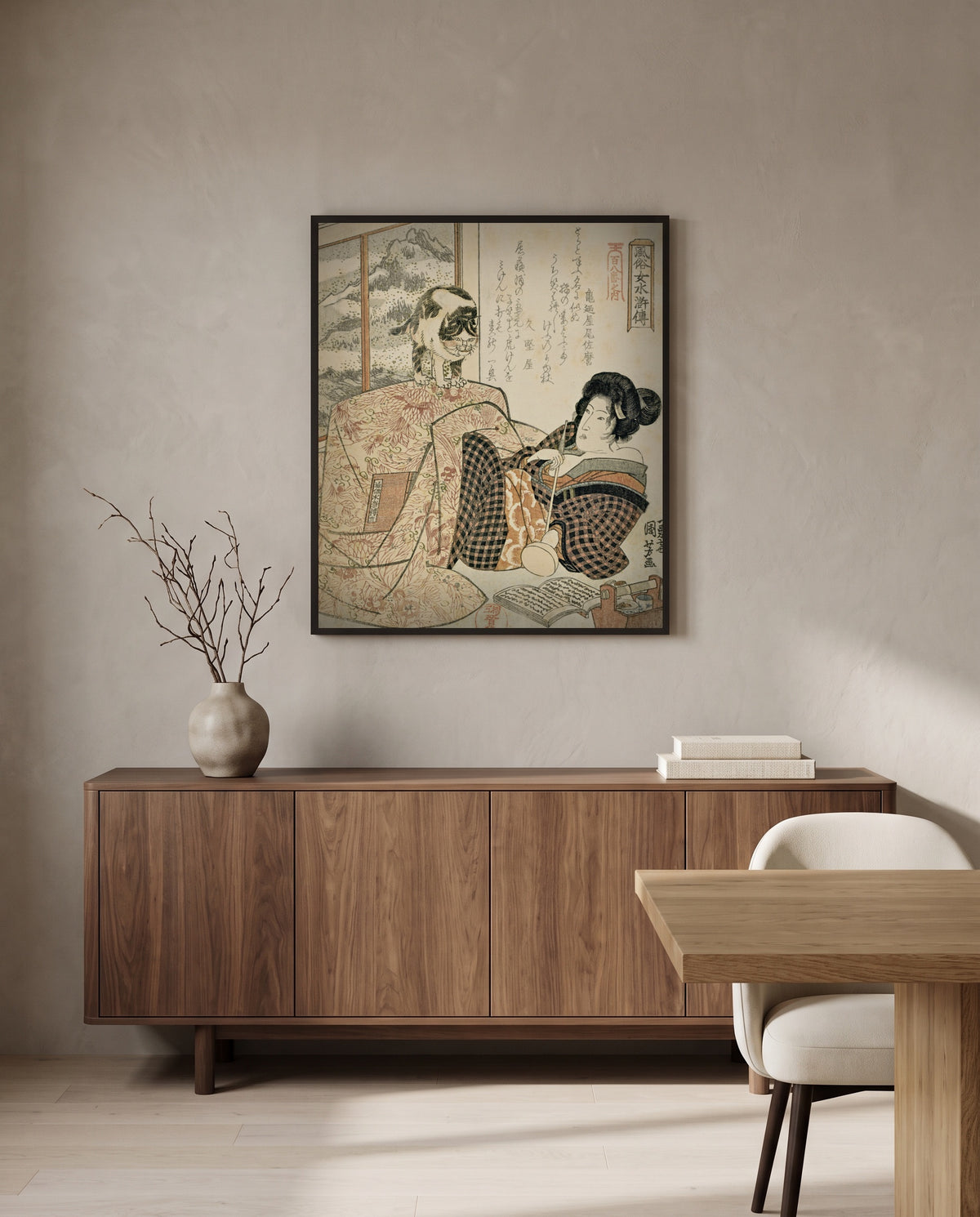 Woman with a Cat by Utagawa Kuniyoshi in a black frame above a walnut sideboard in a dining room