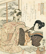 Woman with a Cat by Utagawa Kuniyoshi: a woman in patterned robes reclining with a book, a cat beside her on a table
