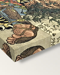 Wu Song and the Tiger by Utagawa Kuniyoshi on stretched canvas, corner close-up: the painting mirror-wrapped round the sides