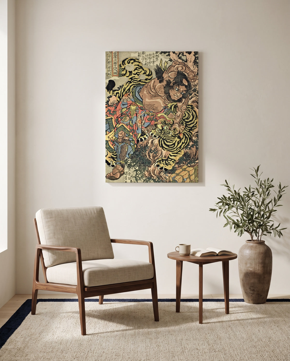 Wu Song and the Tiger by Utagawa Kuniyoshi as a stretched canvas above a linen lounge chair in a reading corner