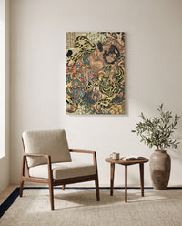 Wu Song and the Tiger by Utagawa Kuniyoshi as a stretched canvas above a linen lounge chair in a reading corner