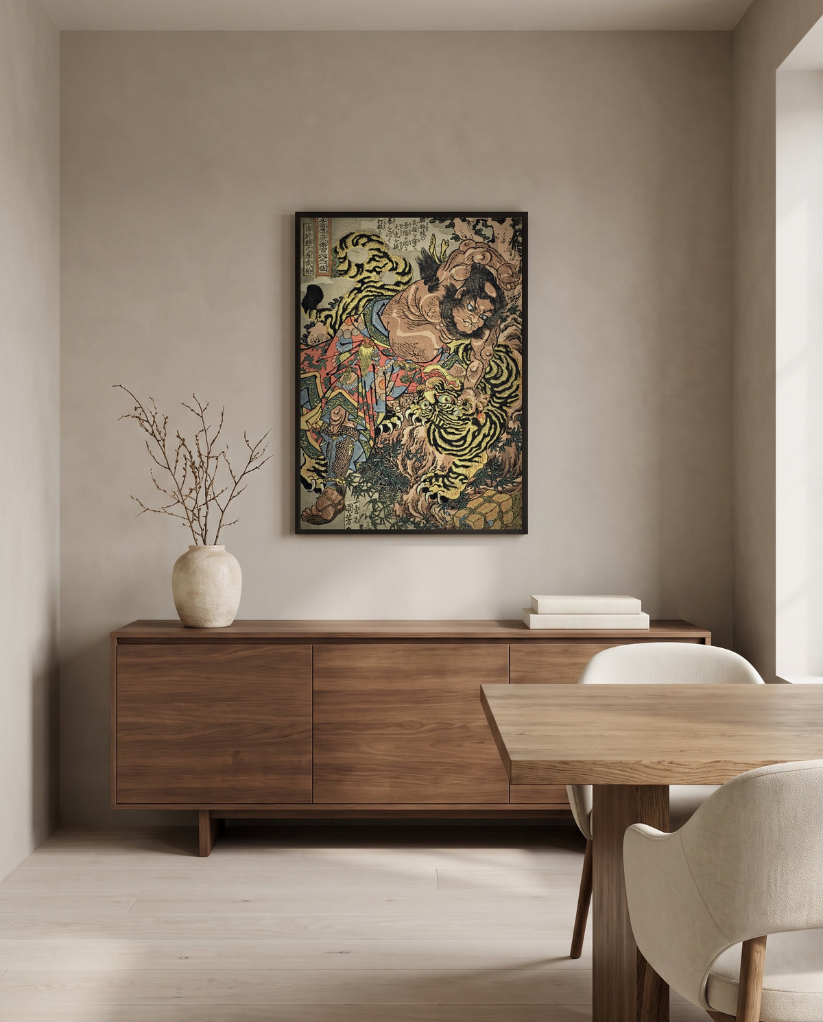 Wu Song and the Tiger by Utagawa Kuniyoshi in a black frame above a walnut sideboard in a dining room