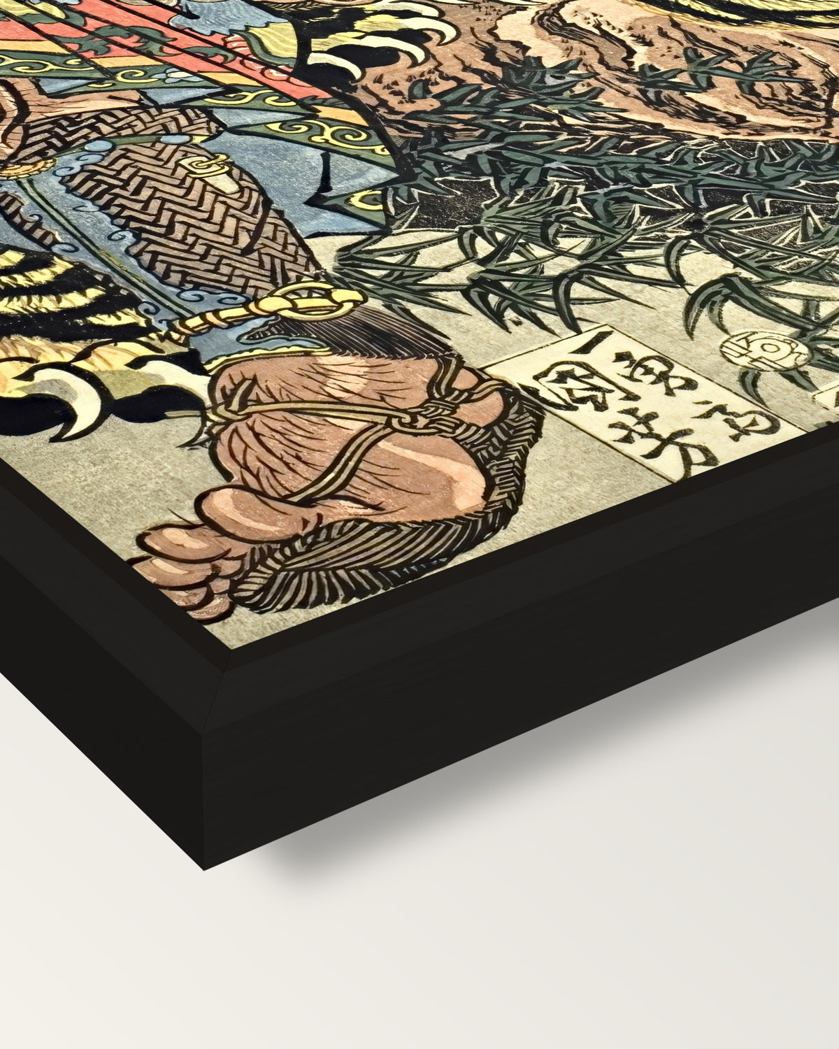Wu Song and the Tiger by Kuniyoshi framed canvas, corner close-up: a black floating frame with a shadow gap round the canvas