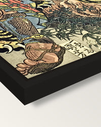 Wu Song and the Tiger by Kuniyoshi framed canvas, corner close-up: a black floating frame with a shadow gap round the canvas