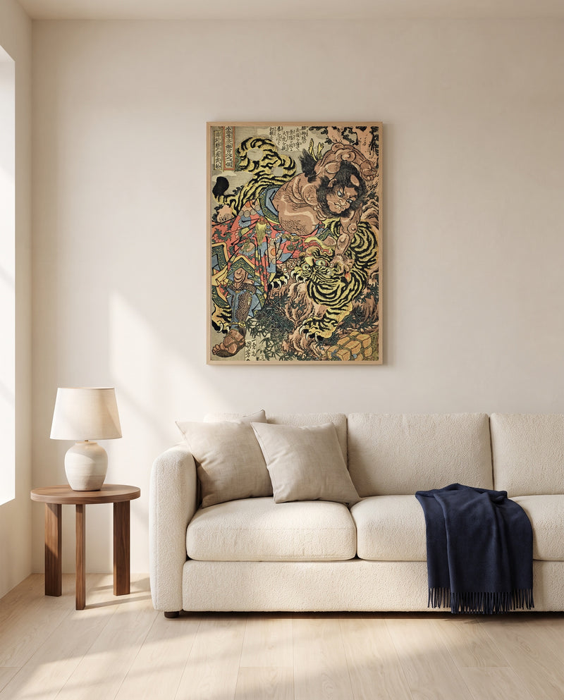 Wu Song and the Tiger by Utagawa Kuniyoshi framed in natural oak above a cream sofa in a warm living room