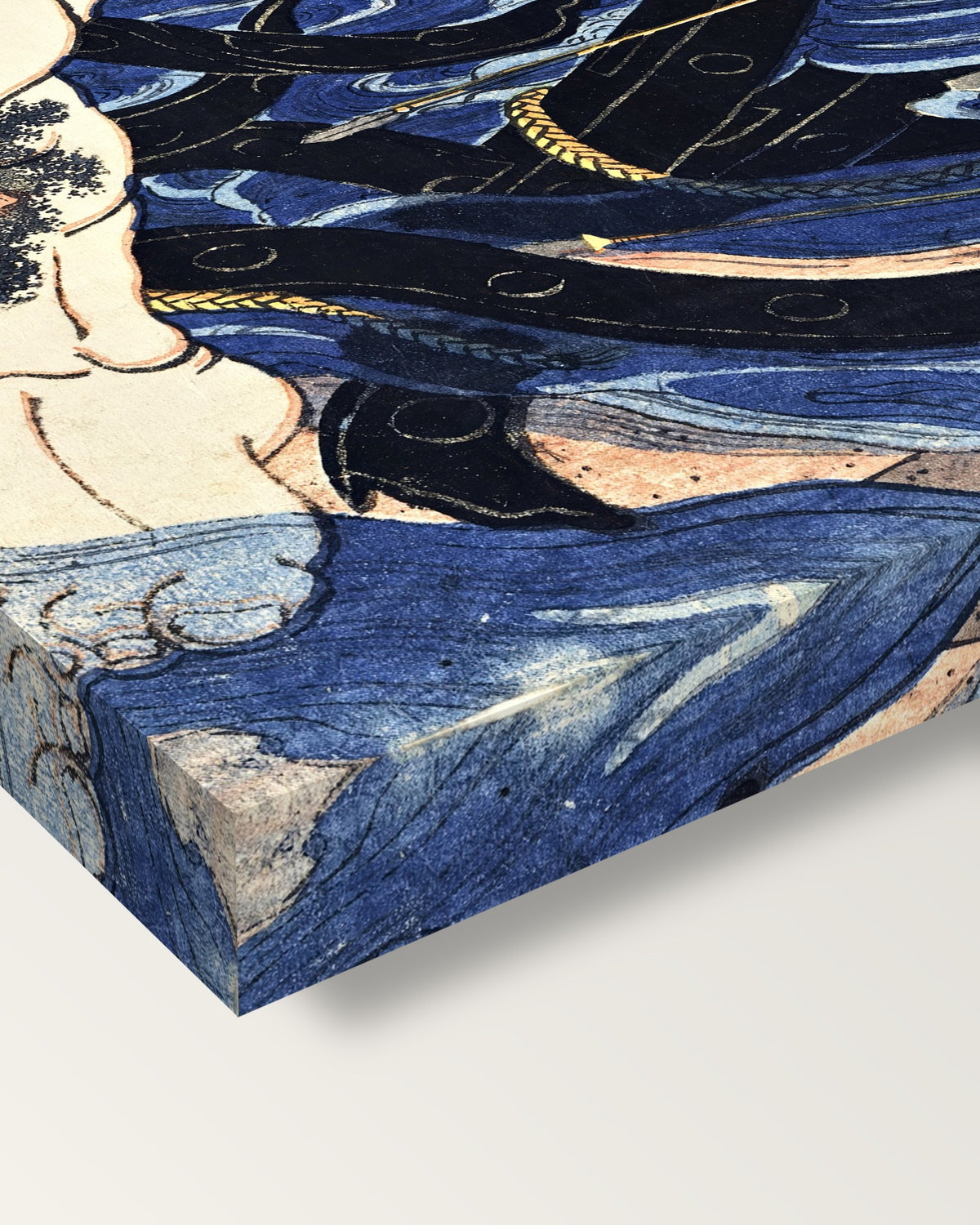 Zhang Shun by Utagawa Kuniyoshi on stretched canvas, corner close-up: the painting mirror-wrapped round the sides