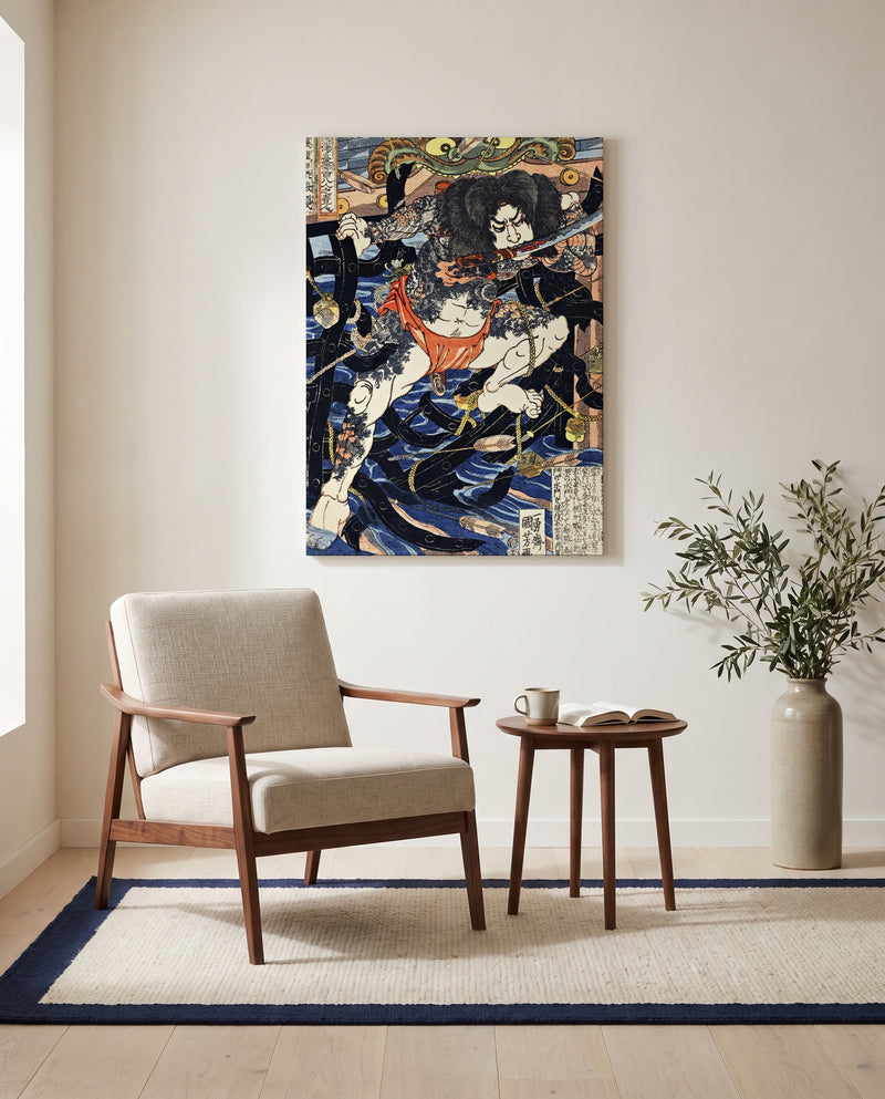 Zhang Shun by Utagawa Kuniyoshi as a stretched canvas above a linen lounge chair in a reading corner