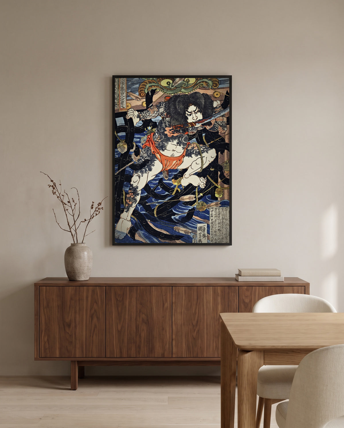 Zhang Shun by Utagawa Kuniyoshi in a black frame above a walnut sideboard in a dining room