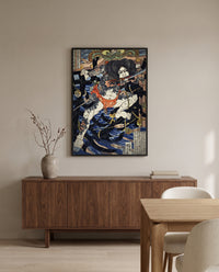 Zhang Shun by Utagawa Kuniyoshi in a black frame above a walnut sideboard in a dining room