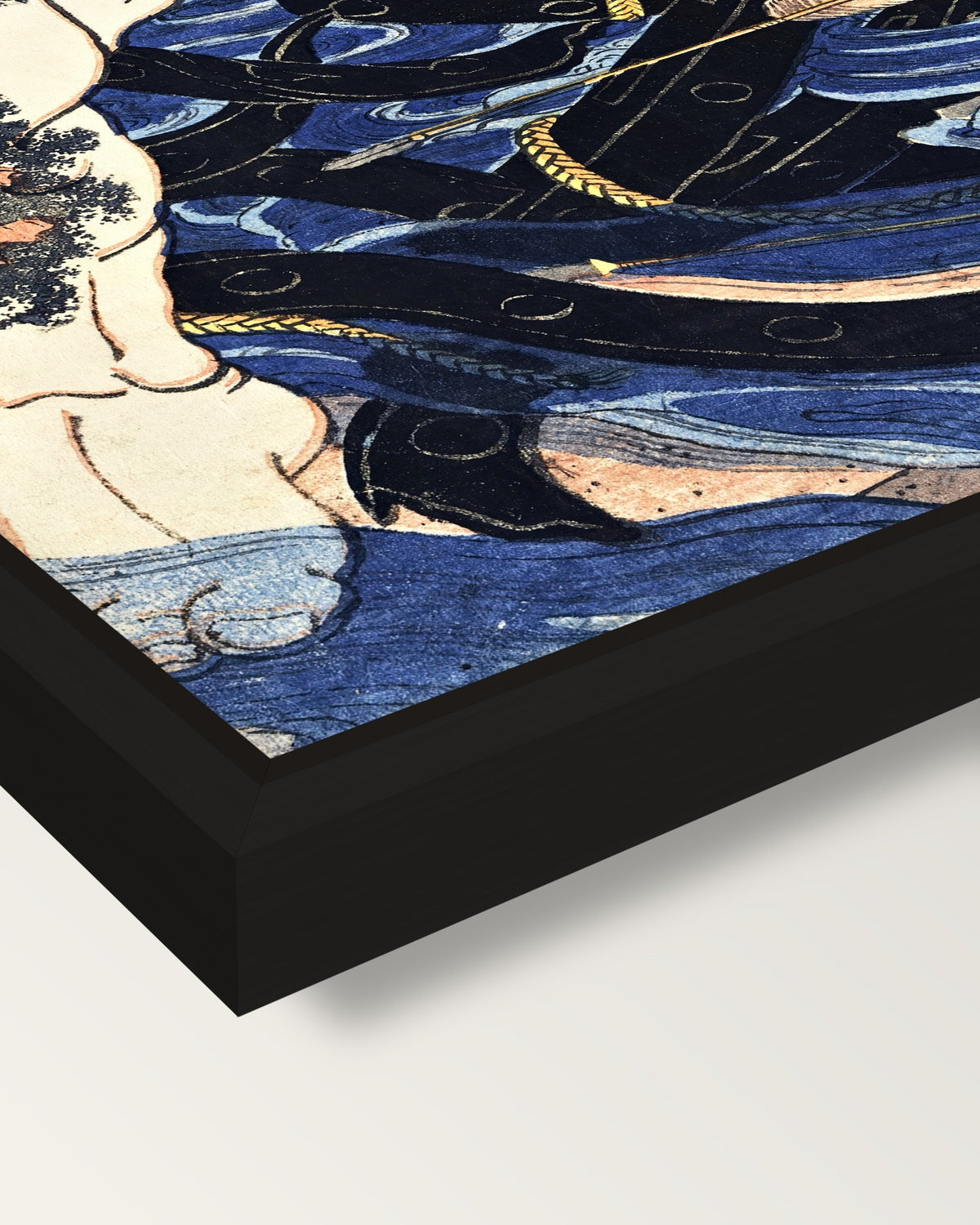 Zhang Shun by Utagawa Kuniyoshi framed canvas, corner close-up: a black floating frame with a shadow gap round the canvas