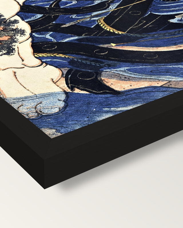 Zhang Shun by Utagawa Kuniyoshi framed print, corner close-up: black moulding, mitred, the print set just below its edge