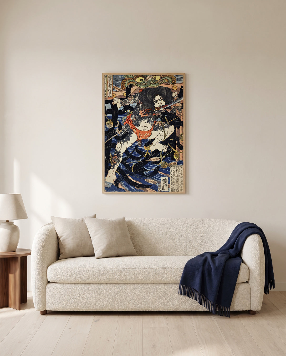 Zhang Shun by Utagawa Kuniyoshi framed in natural oak above a cream sofa in a warm living room