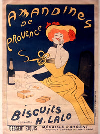 Amandines de Provence by Leonetto Cappiello: a woman in a yellow dress and big hat biting an almond biscuit, on deep blue